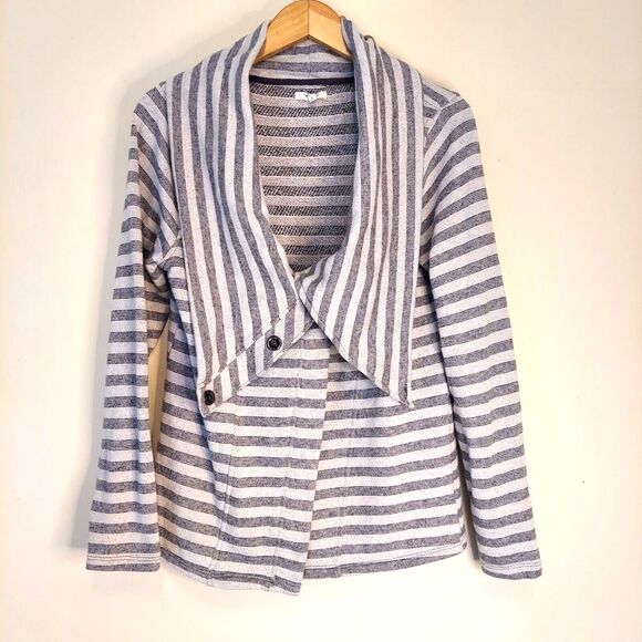 Maurices Sweater Gray Stripe Womens Large Cowl Neck Snap Button Versatile - Picture 3 of 12